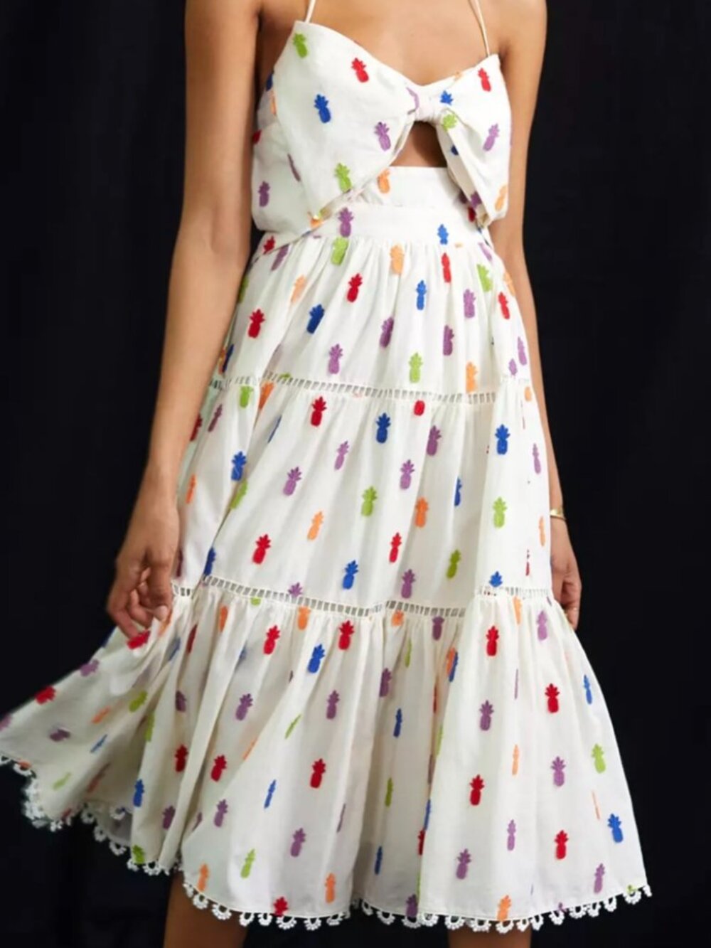 Farm Rio Pineapple Appliqué Keyhole Bodice Cotton Midi Dress- S- MSRP $295-